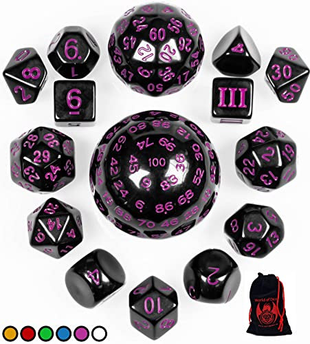 World of Dice - All-in-One Set - 15 Verschiedene polyedrische Würfel, von D100 bis D3, ideal für D&D, DSA, MTG, UVM. (lila)