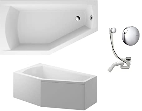 VBChome Badewanne Links 150x90 cm Acryl SET Schürze Siphon Wanne Ecke Eckbadewanne Weiß Design Modern Ablaufgarnitur Wanne Links Schürze Ablaufgarnitur Füße