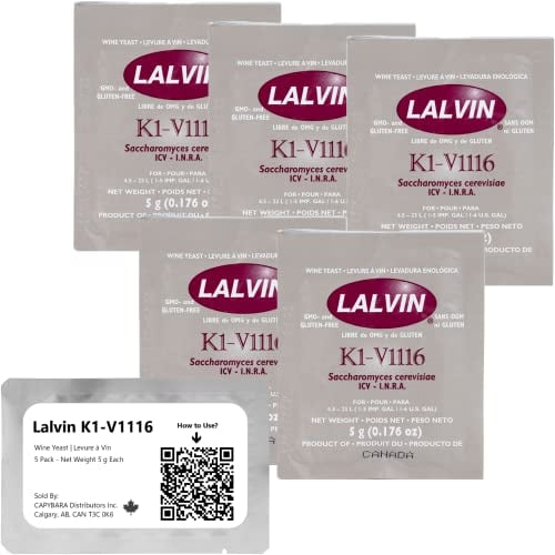 Lalvin K1-V1116 Weinhefe (5 Pack) - Hefe für Met - Machen Sie Wein Met Apfelwein Kombucha zu Hause - 5 g Beutel - Saccharomyces cerevisiae - Verkauft von CAPYBARA Distributors Inc.