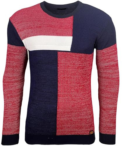 Subliminal - Jersey para hombre, invierno, cuello redondo, a cuadros, multicolor y suéter sobre invierno con malla BX52288, 52288 Rojo, L