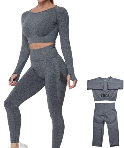 DONYKARRY Damen 2-teiliges Nahtloses Trainingsanzug Yoga Outfit Jogginganzug Set Freizeitanzug(2 Pcs-Grau,L)