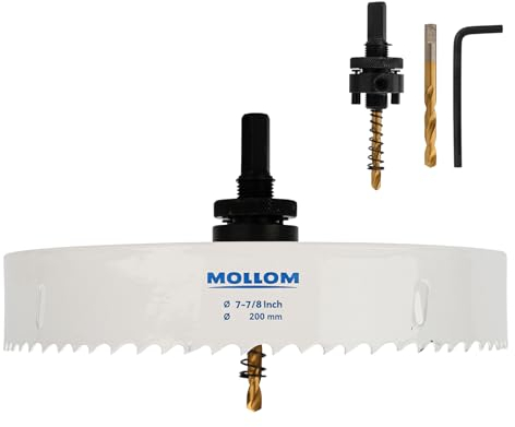 MOLLOM (200mm | 7-7/8) Scie-cloche bimétal HSS M42 avec 8% de cobalt avec 2 forets pilotes et mandrin, coupe lisse pour PVC, plaque de plâtre, bois, plastique, plaque de plâtre, caoutchouc