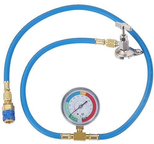 HSEAMALL R134A Car AC Refrigerant Charge Hose Kit with Gauge, Universal Can Tap, and Low Side Quick Coupler, Blue, 1m, 1 Count