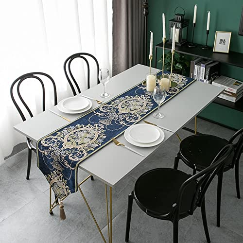 Epinki Tischläufer Modern, Chenille Tischläufer Handgemachte Jacquard, Tischband für drinnen und draußen Urlaub Party Wohnzimmer Dekor (Blau, 33x160 cm)