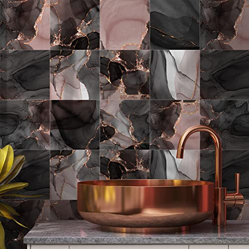 Alwayspon 24 pezzi x 15 cm, adesivo da parete in vinile per piastrelle, adesivo impermeabile, adesivo per cucina, bagno, adesivo adesivo in PVC, effetto marmo nero e rosa