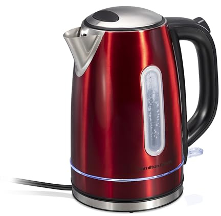 Hamilton Beach Electric Tea Kettle, Water Boiler & Heater, 1.7 Liter, Cordless Serving, 1500 Watts for Fast Boiling, Auto-Shutoff and Boil-Dry Protection, Red with LED Light Ring (41060)