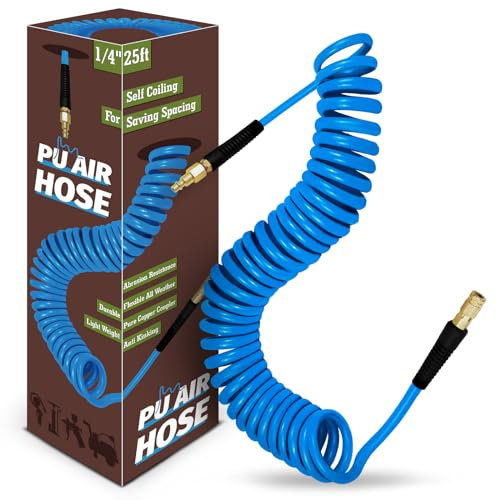 1/4 in x 25 ft Polyurethane Air Hose with Bend Restrictor, Air Compressor Hose with 1/4 Solid 100% Pure Copper Quick Connect Fittings and I/M Plug Kit, Coiled PU Air Hose 1/4, Blue