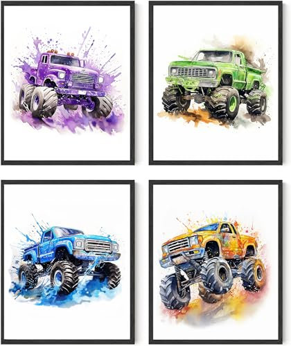 MOCVSWO Monster-Truck-Wandkunstdrucke, Aquarell-Monster-Truck, Kinderzimmer, Kunstposter, Monster-Truck-Schlafzimmer-Dekor, Monster-Truck-Raumdekoration für Jungen, 4er-Set (ungerahmt, 20,3 x 25,4 cm