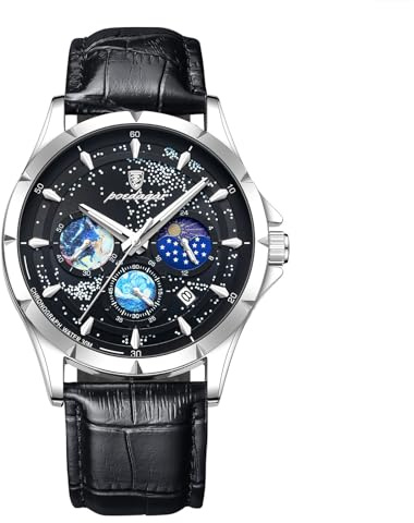 Silverora Uhren Herren Lederarmband Multifunktion: 3ATM Wasserdicht Kalender Chronograph Analoge Quarz Herrenuhren Sternenhimmel Armbanduhren mit leuchtende Skala Zeiger Geschenke für Männer Schwarz