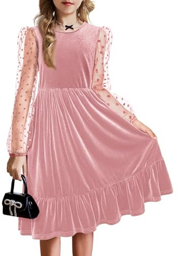 Arshiner Vestito da Bambina in Velluto a Maniche Lunghe Girocollo Abito da Principessa Linea A Abito Invernale Abito da Compleanno in Tinta Unita per Bambini con Tasca Rosa 11-12 Anni