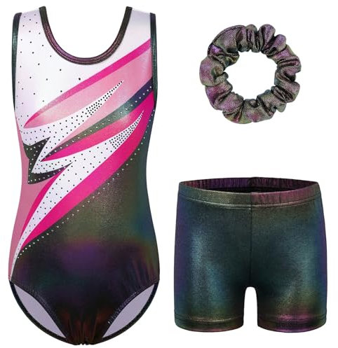 ZNYUNE Mädchen Turnanzug mit Hose Haarband Set Gymnastikanzug Kinder Shorts Trikot Turnen Ärmellos/Langarm Kleidung klassisch Turnbody B370 Blackpink 6A