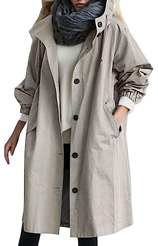 Beokeuioe Damen Trenchcoat Oversized Mantel Lang Umlegekragen Windjacke Einfarbig Damenmantel Übergangsmantel mit Taschen und Knöpfen Jacke Outwear Windbreaker Leicht Kapuzenjacket