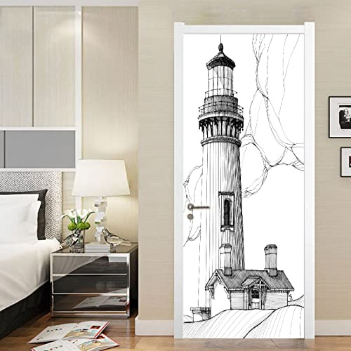 MYIESAXL Türtapete selbstklebend TürPoster Schwarzer und Weißer Leuchtturm Türaufkleber 77 x 200cm Türfolie Poster Fototapete Tapete Aufkleber DIY Wandbild PVC Tapete, Tür tapeten