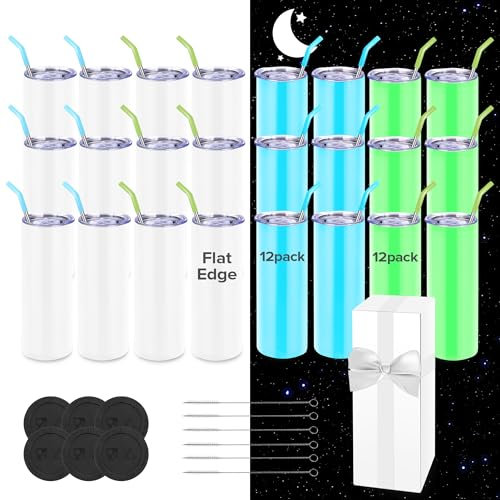 FASTSUB Sublimation Tumblers 20 oz Blank Bulk Luminous Cups Glow in the Dark Straight Double Wall Vacuum Insulated with Lids and Straws for Tumbler Heat Press White Turn Green or Blue 24 Pack