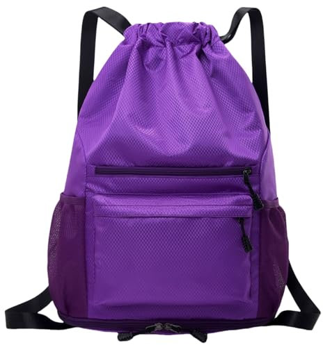 Turnbeutel Damen Sportbeute Gross Wasserabweisend - Sport Rucksäcke Nylon Violett Groß Kapazität mit Reißverschluß Innentasche Lässig Sportrucksack Kordelzug für Herren Violett - JSB10721