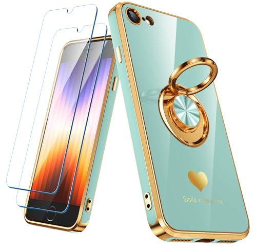 Nonional Compatible for iPhone SE/8/7 Case with 2 Pack Screen Protector, 360° Rotatable Ring Holder [Luxury Hearts Pattern] Plating Gold Edge Slim Soft Phone Case for iPhone SE/8/7 - Mint