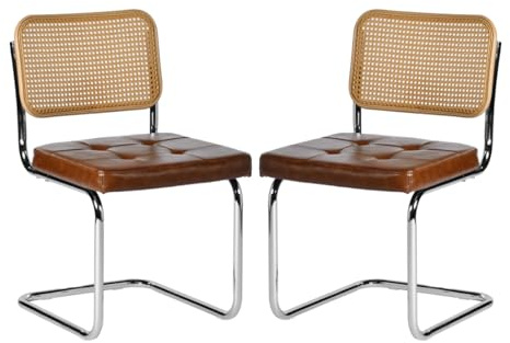 EGGREE 2er-Pack Rattan-Esszimmerstühle mit PU-Kissen und Galvanisierten Eisenbeinen für Konferenzräume, Büros, Esszimmer, R02-Braun