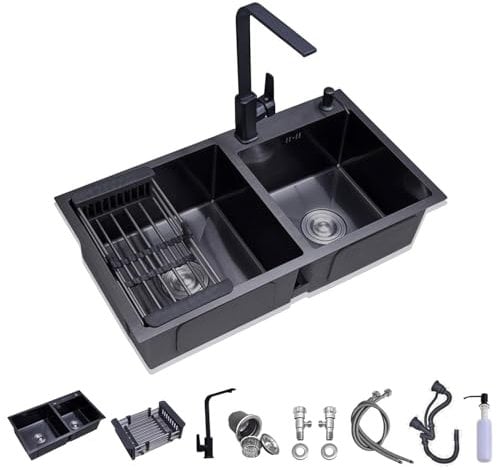 Fregadero de Cocina de Acero Inoxidable Hecho a Mano Fregadero dos Senos Kit de Fregadero,fregadero negro sobre encimera Fregadero Bajo Encimera Con Desagüe, Grifo para cocina y baño estilo granj