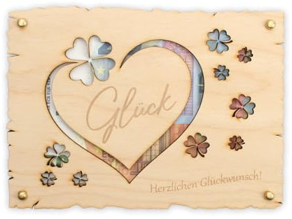 Kreative Feder „Glück“ - Glückwunsch-Karte aus Holz für alle feierlichen Anlässe – DIY Holzkarte für Geldgeschenke; Größe ca. 14,6 x 19,7cm (Glück)