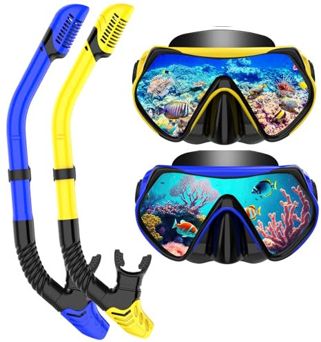 LITTLEJSY Schnorchelset Erwachsene, Schnorcheln Set mit Anti-Fog Taucherbrille und Dry Schnorchel, Professionelle Schnorchelmaske Tauchmaske aus Gehärtetem Glas für Schnorcheln (Blue+Yellow)
