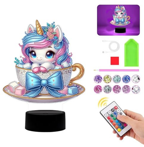 Demiawaking Diamond Painting Nachtlicht Tischdeko Tiere, Diamant Malerei Nachttischlampe Tischlampe LED Deko Set, DIY 5D Diamant Painting Lampe für Kinder Geburtstag Geschenke (Einhorn 05)