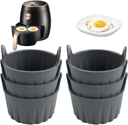 CUEMOON 6 Stück Heißluftfritteusen Silikonform Eierform, Antihaft Wiederverwendbar Silikon Backform für Kuchen, Eincreme und Pudding Eierkocher, Waffelformen, Luftfritteusen-Grau