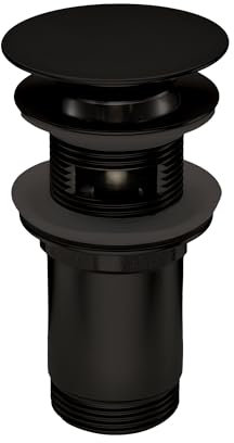 Ablaufgarnitur für Waschbecken mit und ohne Überlauf | Click-Clack Ventil mit extra großem 68 mm Durchmesser | Universell für Waschbecken & Bidets | Pop Up Ablaufventil | Schwarz