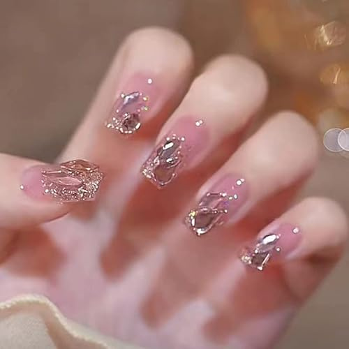 24STK Mittellange Press on Nails Square Künstliche Nägel Nude Rosa Glitzer Gold Fingernägel zum Aufkleben 3D Sparkly Strass Klebe Nägel Set Acrylnagelspitzen Damen Frühling Sommer Nagel Zubehör