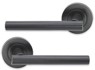 Infinity Decor Pair of Straight T-Bar Lever Door Handle on Round Rose Set Interior Pull Handles in Gun Metal Grey Finish for Interior and Exterior Use