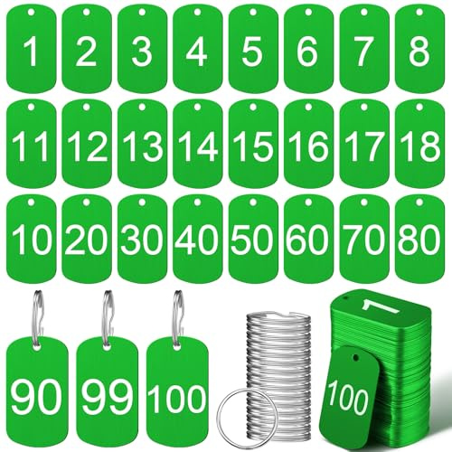 MorningRo Aluminium-Nummernschilder mit Schlüsselringen, Nummer 1–100, Metall-Schlüsselanhänger für Identifikation, Hotel, Schlafsaal, Schließfächer (grün, rechteckig), 100 Stück