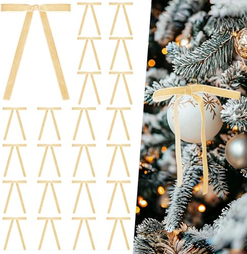 Miaikoe 24 Stück Samt Bögen für Weihnachtsbaum Rustikale Samt Weihnachtsornamente Rustikale Bögen für Tür Girande Kranz Geschenk Party Dekoration (Breite von 1cm, Beige)
