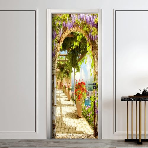AstraDesign Tür Tapete „Mediterraner Garten Gang“ 88x200 cm – selbstklebende PVC-Folie in Premium Qualität – 3D-Türposter mit Steinweg, Weinranken & Meerblick – Flur, Wohnzimmer oder Ferienhaus