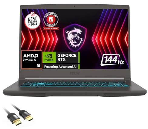MSI Thin A15 AI 15.6” 144Hz FHD Gaming Laptop, AMD Ryzen 9-8945HS, NVIDIA Geforce RTX 4060, 32GB DDR5 RAM, 1TB NVMe SSD, WiFi 6E, Cooler Boost, Backlit KB, PDG HDMI Cable, US Version KB, Win 11 Pro
