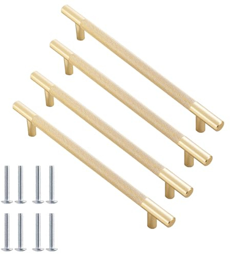 Hiuyavy Gold Handles, 4 Pcs Cabinet Handles, 214 mm Cupboard for Kitchen Chest of Drawers for Drawer Dresser Cupboard and Wardrobe
