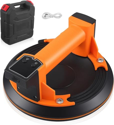 8Akku Saugheber Fliesenheber Glassauger Max.300KG,Elektrischer 200mm Vakuum Saugnäpfe mit Tragbarer Kasten,Saugheber Fliesen für Glas, Laminat, Fliesen &Terrassenplatten(Batterien enthalten)(Orange)