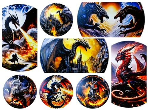 8er Set Untersetzer Drache Burg Feuer 10 cm Ø Holzuntersetzer Tisch Deko MU K810