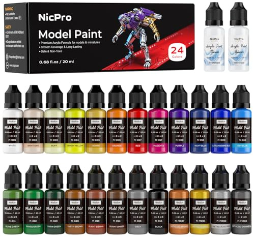 Nicpro Modellbau Acrylfarben Set 24 Farben x 20 ml, Gebrauchsfertige Modell Acrylfarben, Pinsel & Airbrush Kompatibel, Miniatur-Malset für Anfänger & Künstler, für Modelle, Basteln, und 2 Verdünner