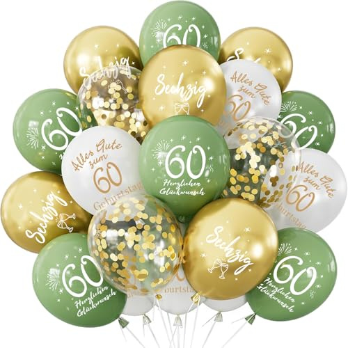 Deko 60. Geburtstag Luftballon, 24 Stück Grün Gold Ballon 60. Geburtstag | Balloon Alles Gute zum Geburtstag, Happy 60th Birthday Balloon, Salbeigrüne Gold Ballon 60 Jahre Geburtstag für Mann Frauen