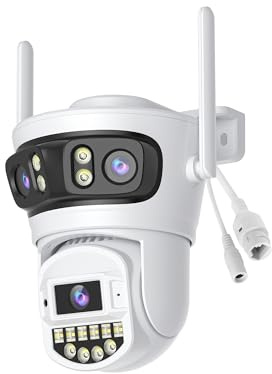 Reobiux Telecamera Wi-Fi Esterno,2K,2.4/5G,Videocamera Sorveglianza Esterno dotato di 3 Obiettivo,PTZ,360°,Cablata,Ethernet,Visione Notturna, Audio Bidirezionale, Rilevamento Persone, IP66,Bianco