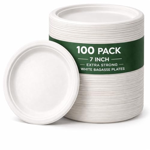 1ABOVE 100 Pack 7 Inch Extra Strong White Disposable Bagasse Plates – Compostable & Biodegradable Sugarcane Fibre Plates for BBQs, Weddings, Parties & Picnics