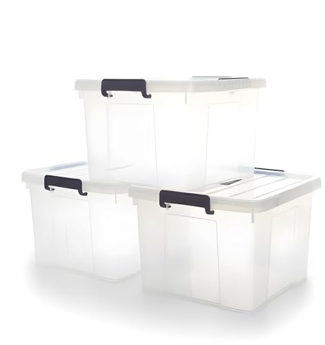 Homivo 3 x 70L Plastic Storage Boxes with Lids - Clear Stackable Boxes with Secure Buckle Latches, Large Storage Containers for Home Organisation, Wardrobe, Toys, Clothes & Garage Storage Solutions