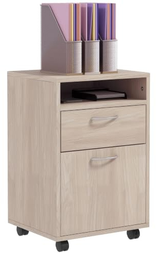 HOMCOM Cajonera de Escritorio con Ruedas Cajón 40x35x60 cm Roble | Cajonera de Oficina, Compartimento, Puerta, Archivador Móvil, Estudio, Salón, Mueble Auxiliar Oficina