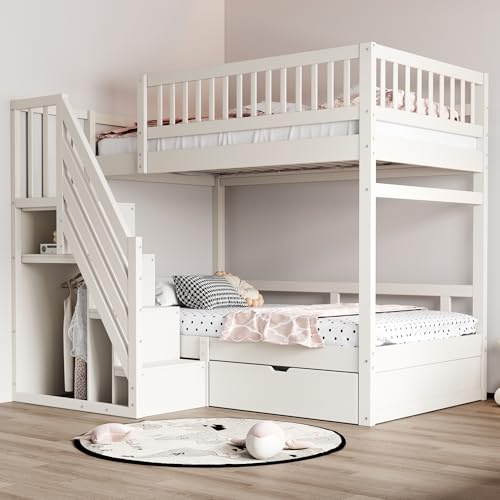 Lit mezzanine 90 x 200 cm, cadre en bois massif, avec barrière de sécurité haute, structure en treillis, rail de sécurité avec espace de rangement, tiroirs de rangement, lit superposé 2 places