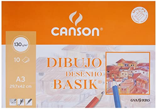 Canson Dibujo Basik, Papel de dibujo blanco, Grano fino, 130gsm, Minipack, A3-29,7x42cm, Blanco natural, 10 Hojas