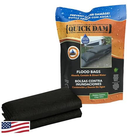 Quick Dam QD1224-2 Water Activated Flood Bags 2/Pack, Black | Reusable Water Absorbers, Diverting Water, Protects from Rain, Spills, Leaks, Floods & More