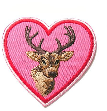 Aufnäher Bügelbild Aufbügler Iron on Patches Applikation Herz mit Hirsch 6,8 x 6,6cm Farbe: Rosa vor205-4