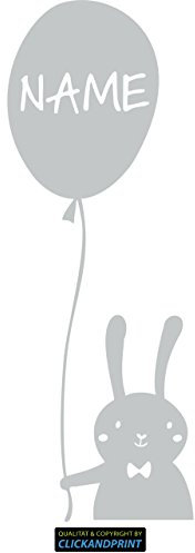 CLICKANDPRINT Aufkleber » Hase mit Luftballon inkl. individuellem Namen, 190x68,0cm, Hellgrau • Wandtattoo/Wandaufkleber/Wandsticker/Wanddeko/Vinyl