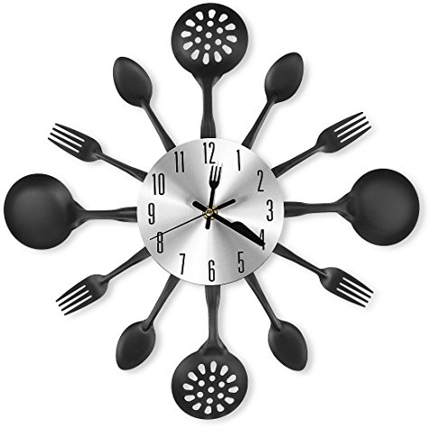 CIGERA 14 Kitchen Cutlery Wall Clock with Forks and Spoons for Home Decor,Black