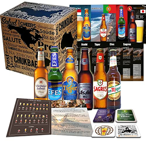 6x Biere der Welt von MGB24 + Geschenk für Mann + 4 Bierdeckel+ Produktbeschreibungen