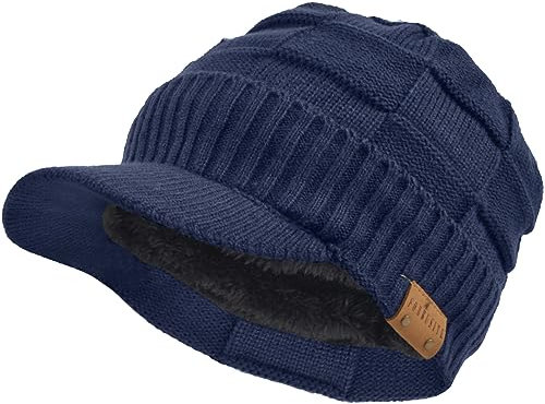 Männer Gestrickte Visier Mütze Vlies Gefüttert Stulpe Winter Täglich Strickmützen (Plaid-Marine)